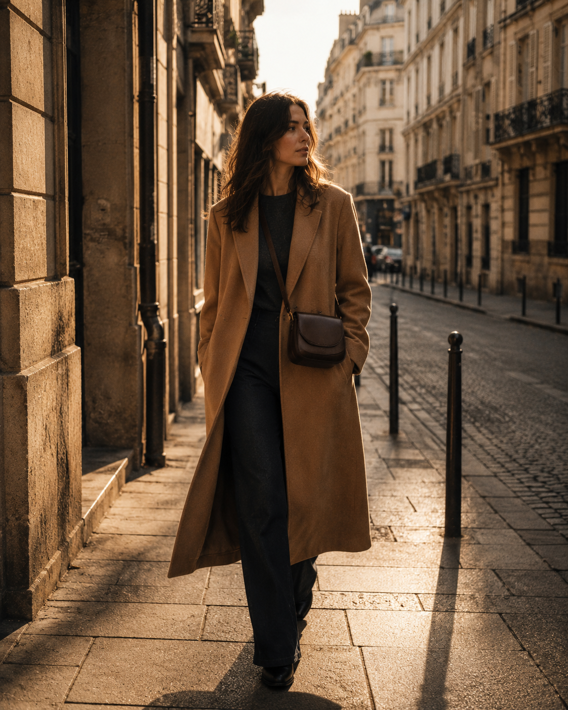 A woman in a camel coat walks down a European city street at golden hour with a small chocolate brown crossbody bag at hip height