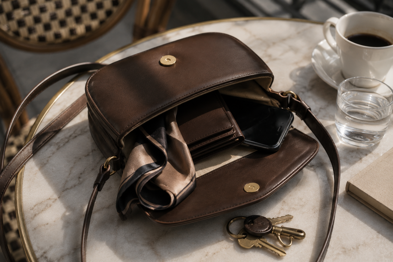 An opened mini crossbody bag on a marble cafe table revealing a folded silk scarf, slim wallet, phone, and keys in soft daylight