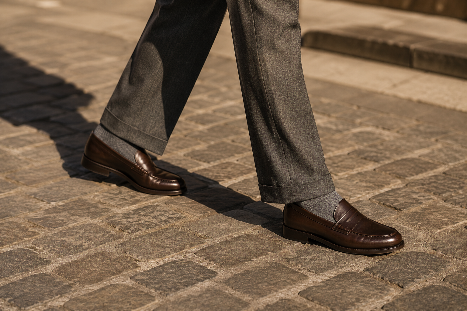 Street style scene of a person in cuffed dark denim and black leather loafers walking across wet cobblestone in muted autumn light