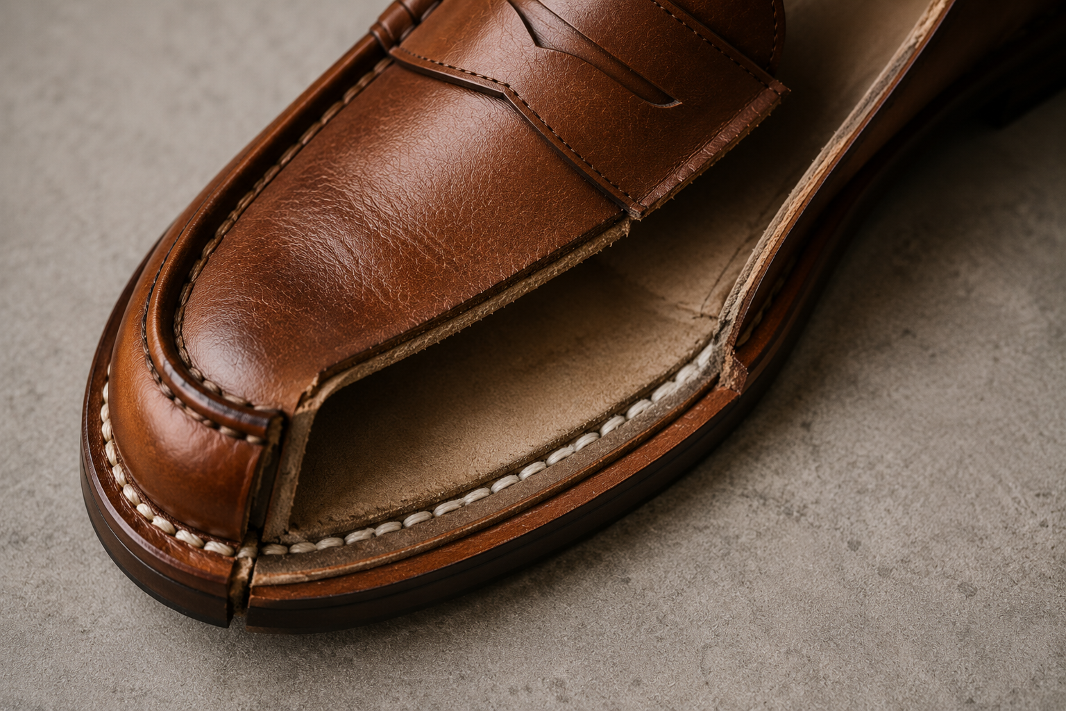 Side profile of a chunky brown leather loafer resting on a stack of vintage hardcover books on an oak desk in warm lamp light