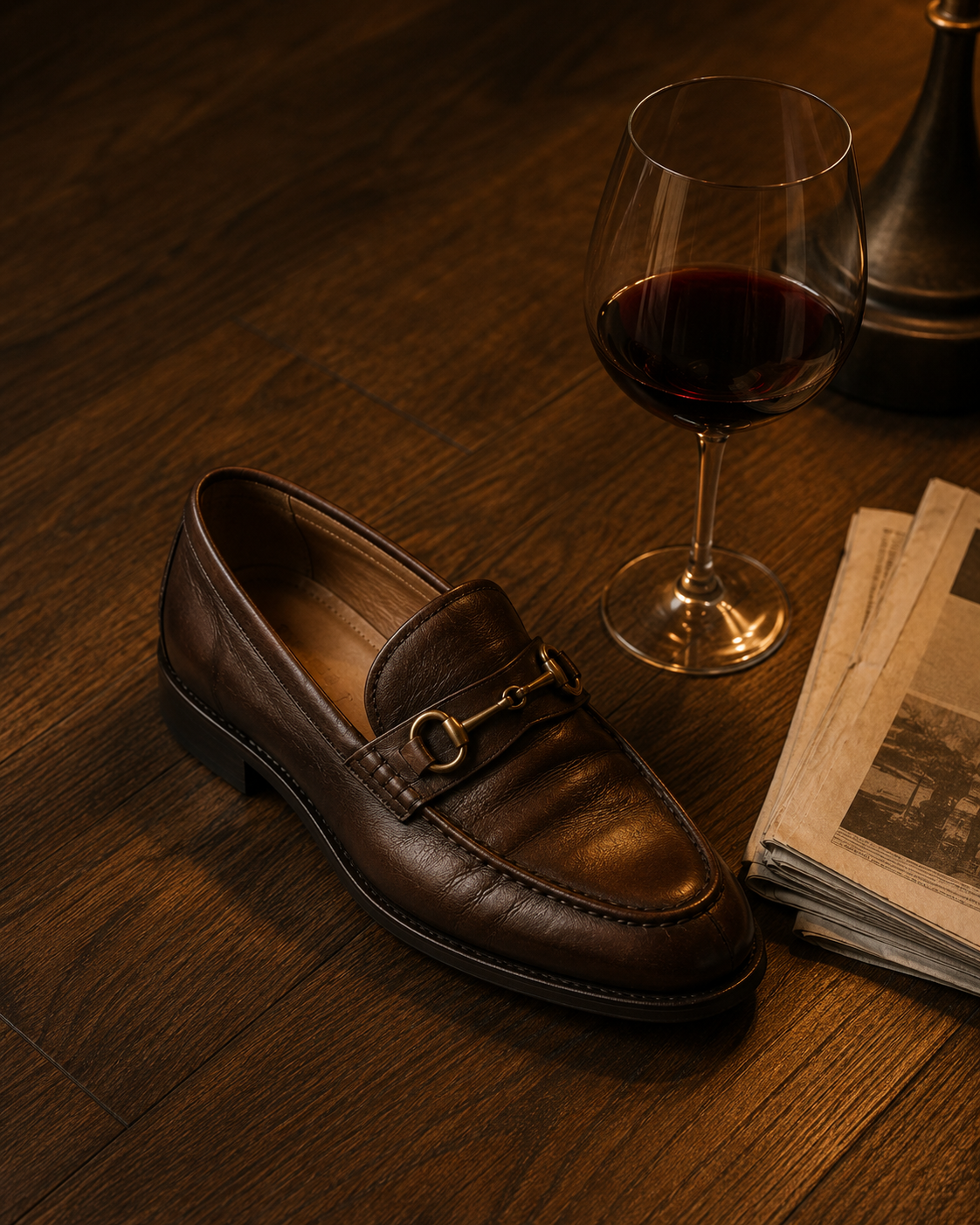 Overhead of cedar shoe trees inside a pair of oxblood leather loafers next to a brass shoehorn and a tin of leather conditioner on marble