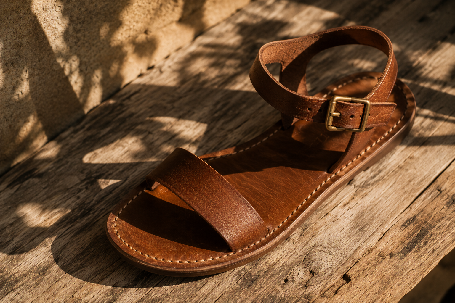 Single hand stitched tan leather sandal with brass buckle hardware photographed on weathered driftwood in raking morning light