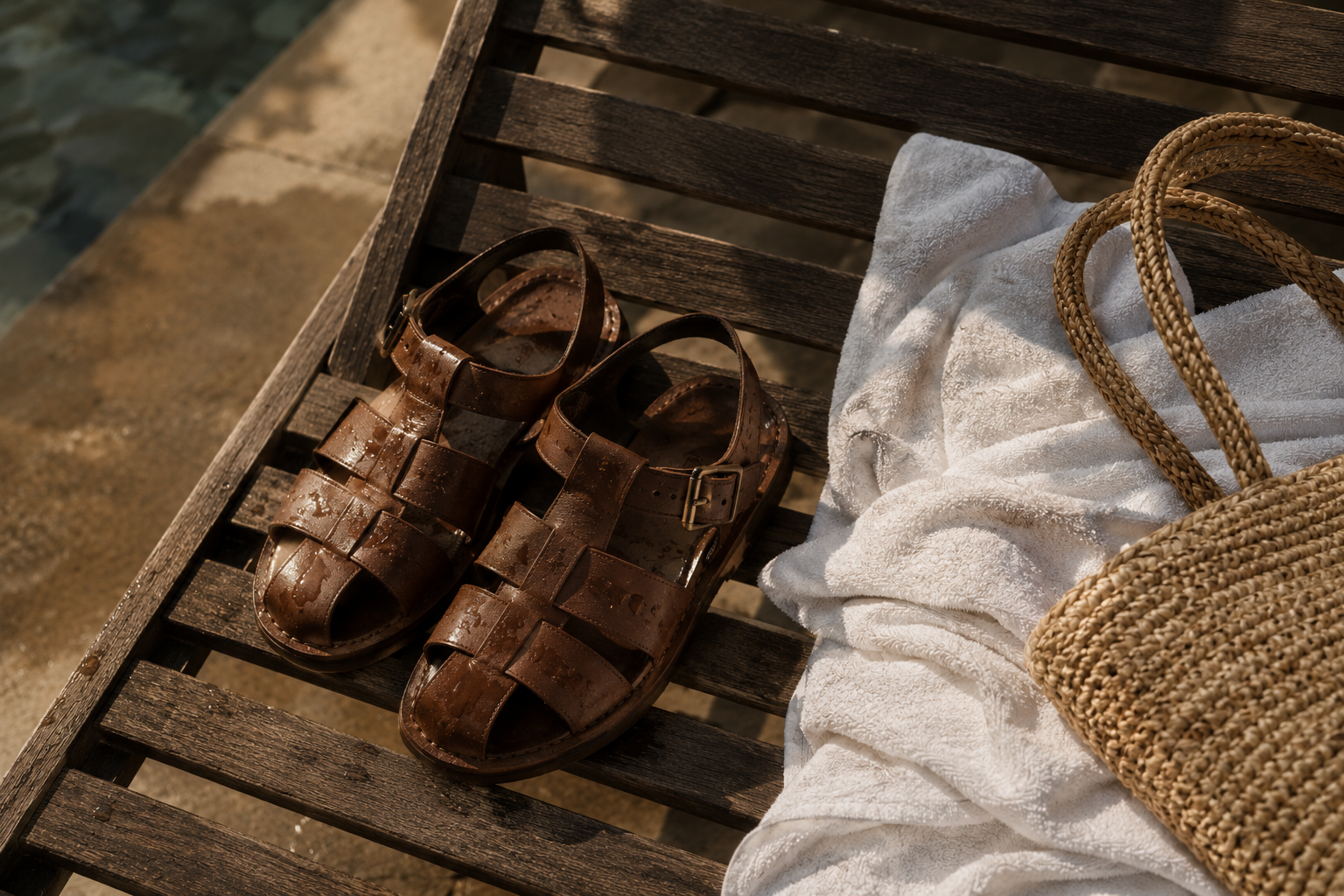 Pair of espresso leather fisherman sandals drying on a wooden beach lounge chair beside a folded white towel and a natural straw tote bag