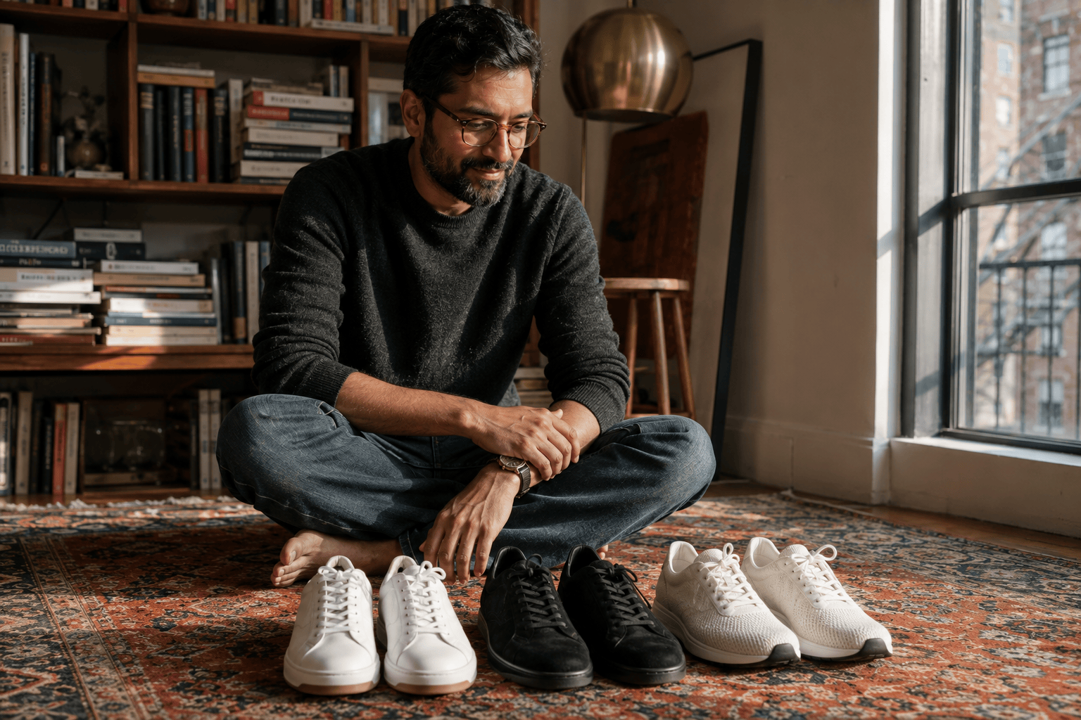 South Asian man cross-legged on a Persian rug arranging three pairs of luxury runner sneakers in a sunlit Brooklyn apartment