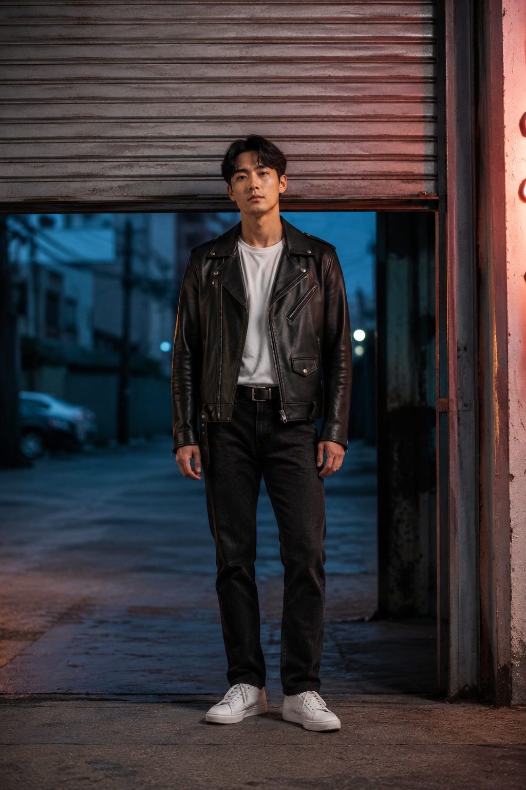 Korean man in his thirties standing under a steel garage door in a black lambskin biker jacket with asymmetric zip and stand collar