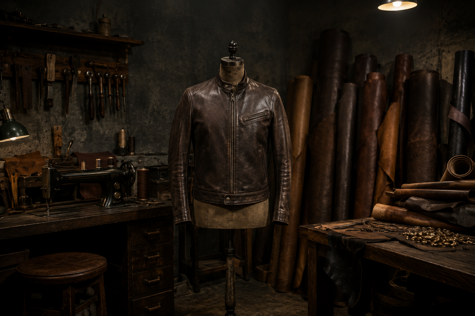 Wide shot of a dark leather atelier with a chocolate cowhide jacket on a tailoring form under a single bulb, scraps and hide rolls along the back wall