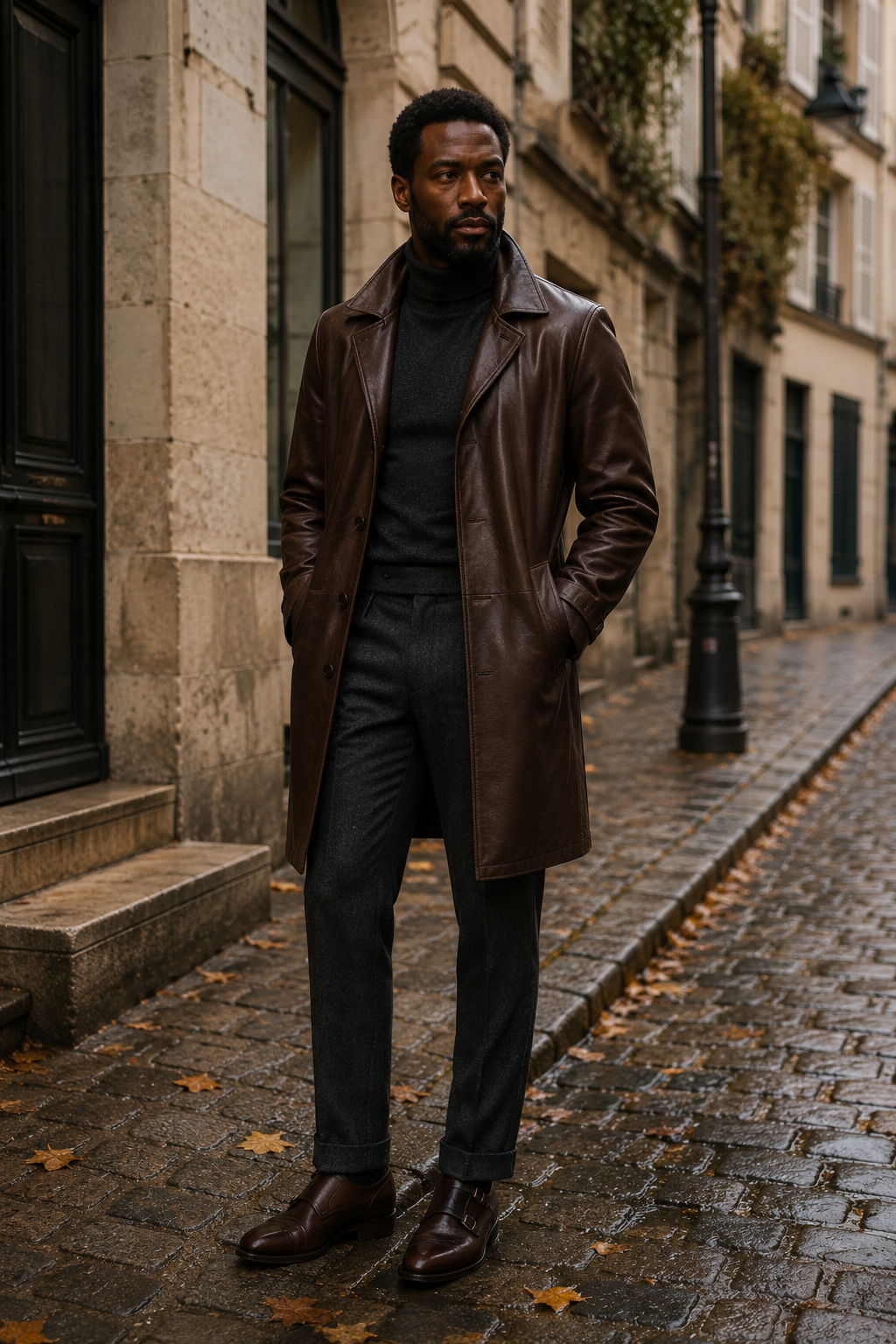 Tall Black man in a chocolate-brown leather overcoat layered over a charcoal turtleneck, walking through a wet downtown crosswalk at dusk