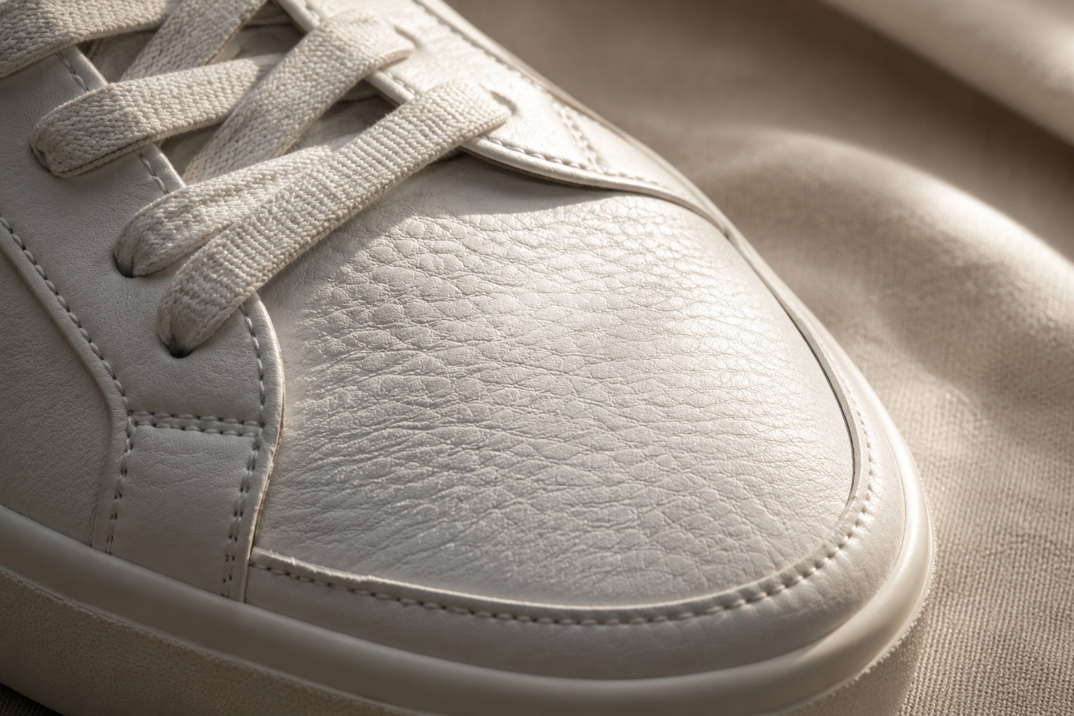 Macro detail of full grain calfskin leather creasing softly at the toe of a white minimalist sneaker