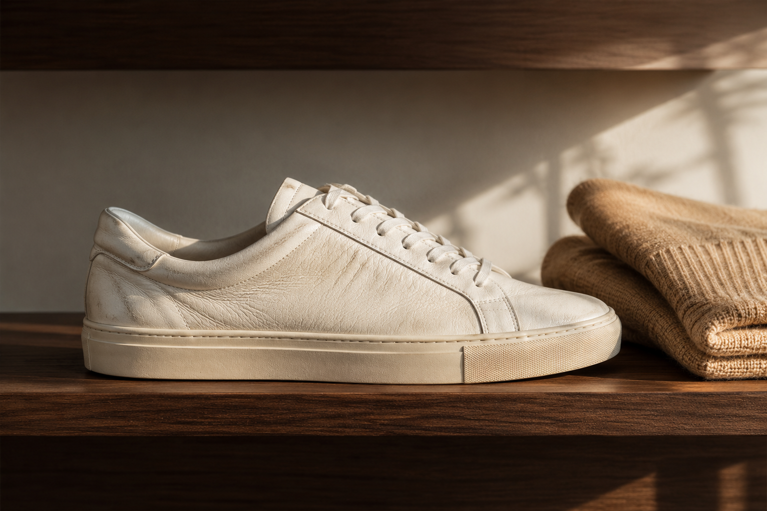 Side view of a gently worn white leather sneaker on aged oak parquet floor showing soft patina