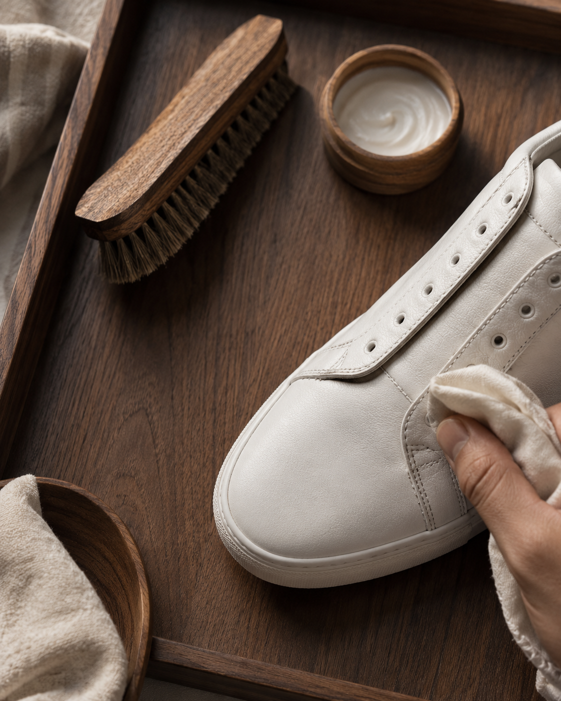 Overhead view of a horsehair brush, leather conditioner, and white sneaker on a wooden shoe care tray