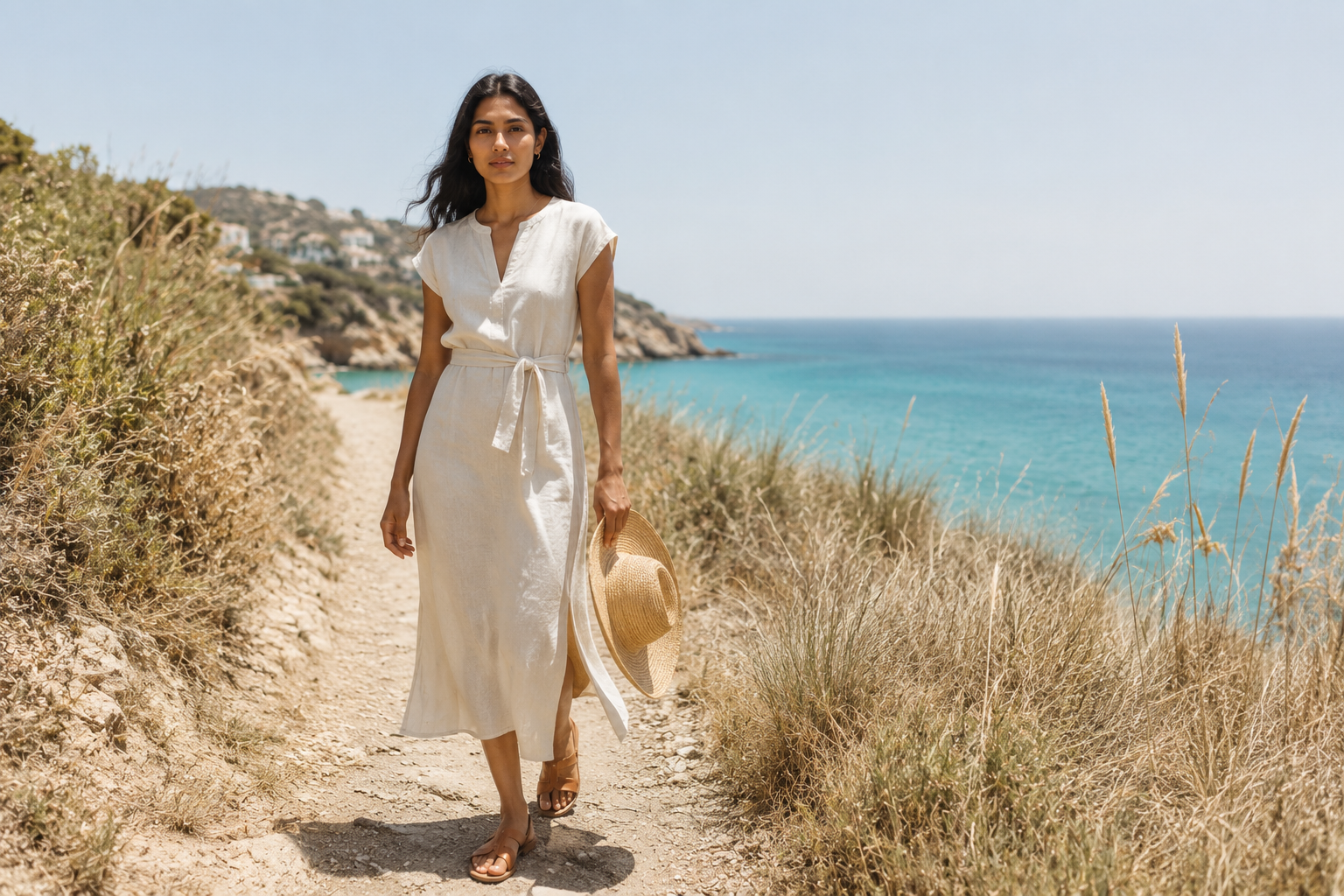 South-Asian woman walking along a sun-bleached coastal path in an unstructured European-linen column dress in pale stone, raw-edge hem swinging at the ankle