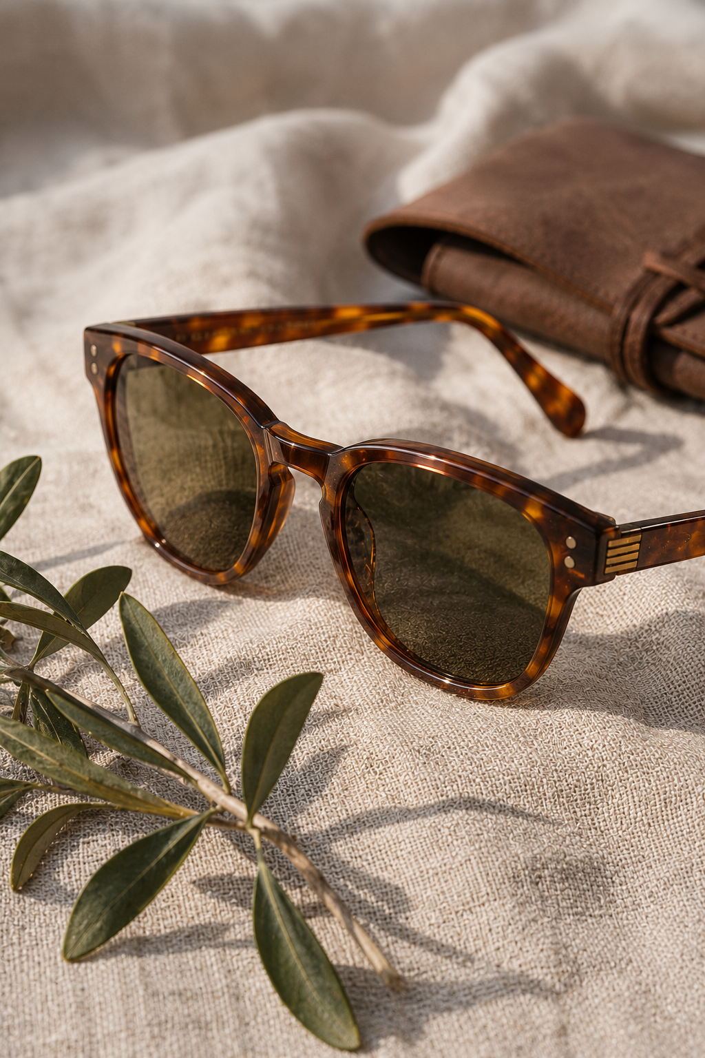 Close-up of a tortoiseshell hand-polished acetate sunglass frame on a linen surface, seven-barrel hinge and metal core visible at the temple join