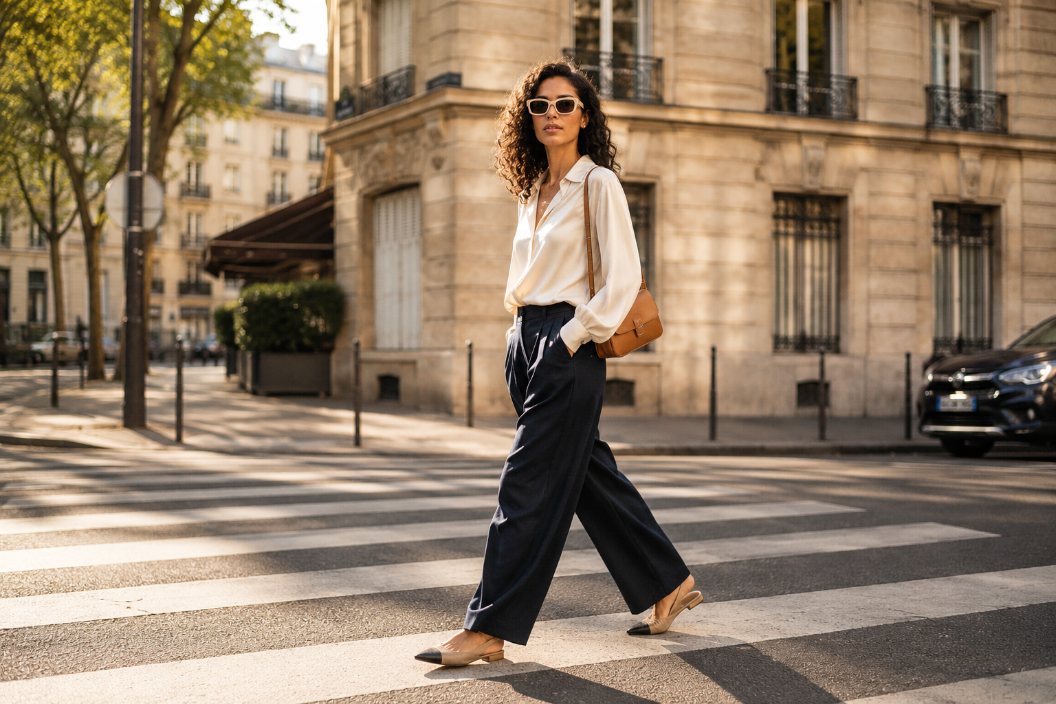 Mixed-race woman crossing a sunlit Paris street in medium acetate rectangular sunglasses, brown lenses, a linen blazer over a fine ecru knit