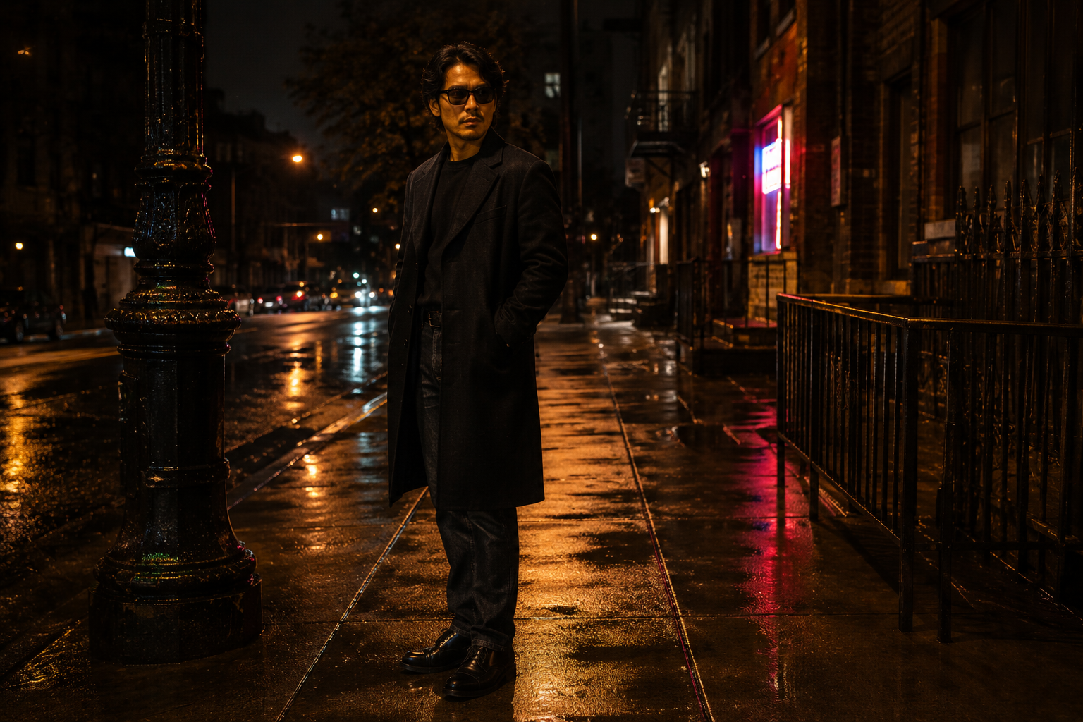 Asian-American man on a wet city sidewalk under sodium streetlight in titanium wire-frame sunglasses, dark green lenses, a black overcoat collar turned up