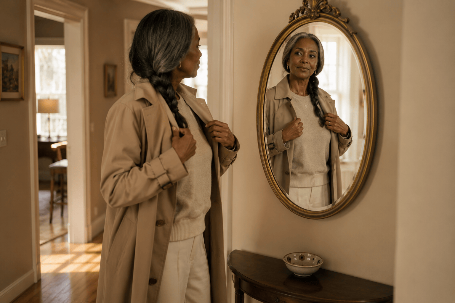 Black woman in her fifties at an antique gilt mirror settling a beige cotton-blend trench over an oat fine-gauge knit