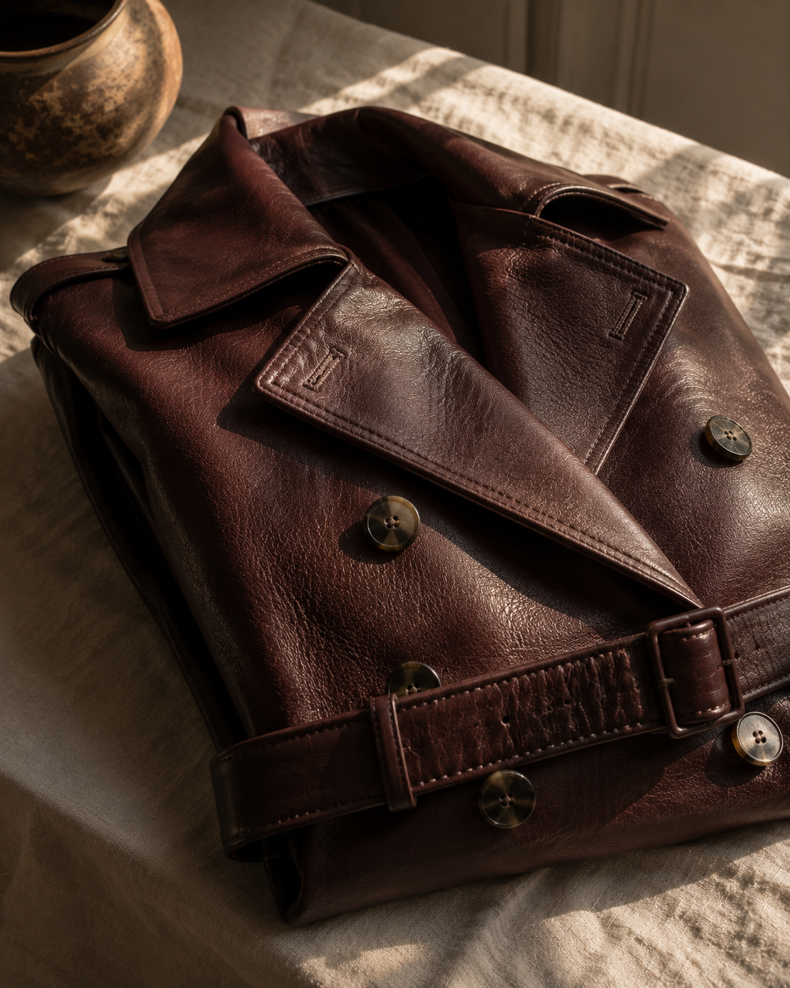 Close up of a folded oxblood leather trench coat showing full grain texture and horn buttons in warm window light