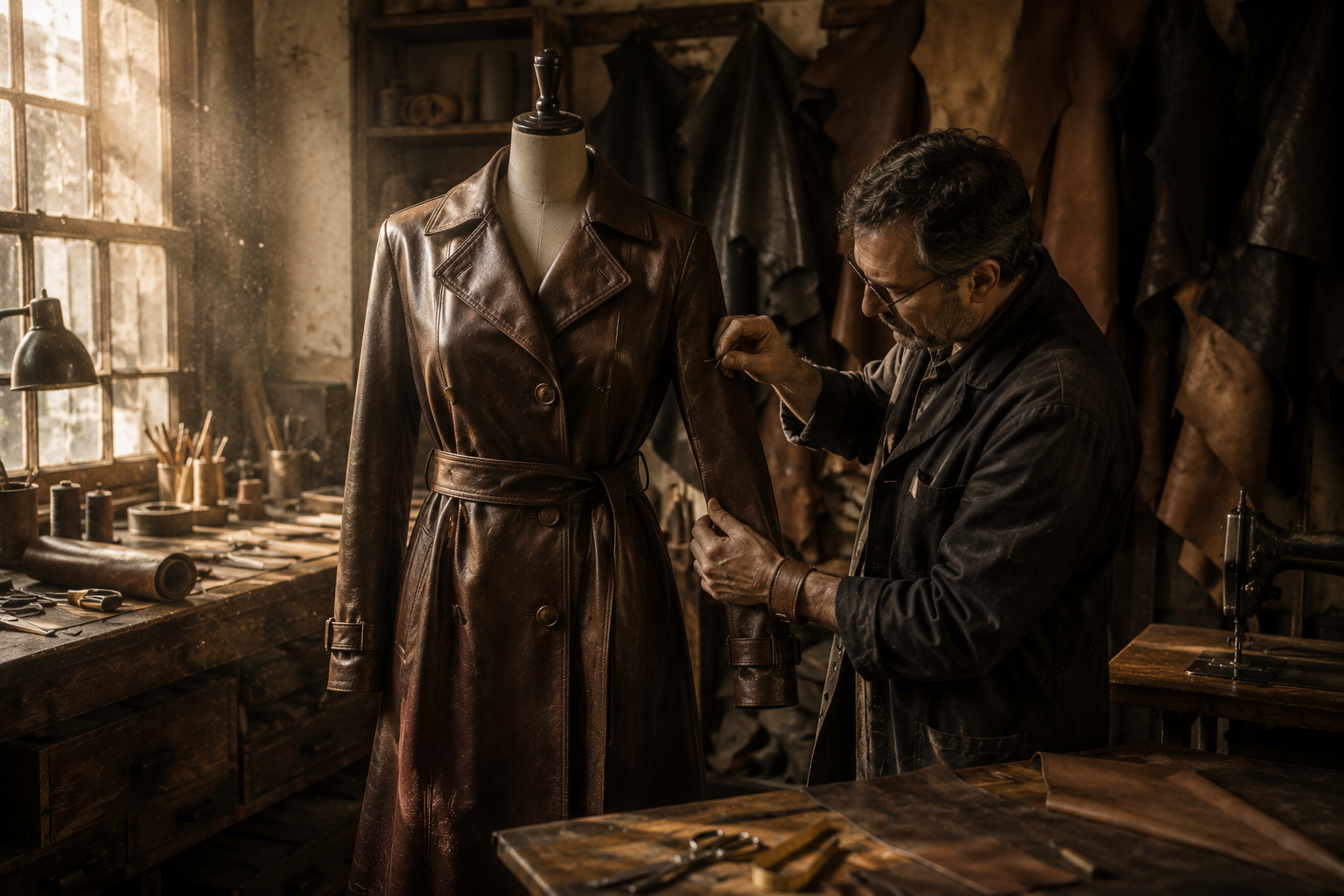 Atelier scene of a leather trench coat being fitted on a mannequin while a craftsman pins the sleeve