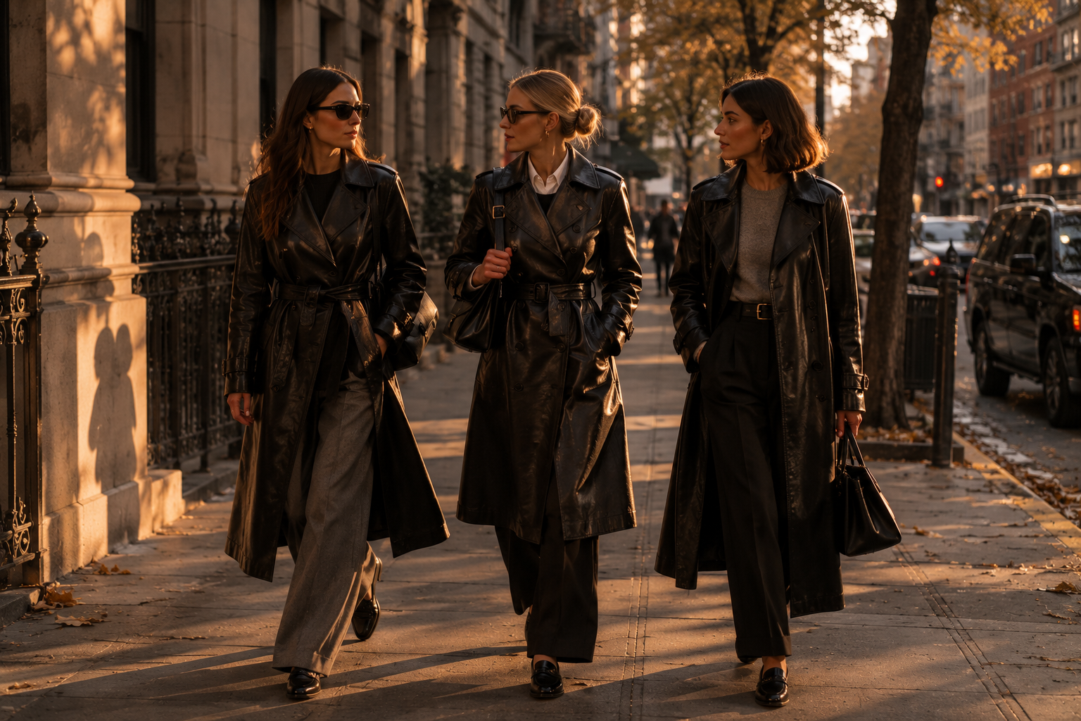 Three women on a New York sidewalk in autumn wearing different cuts of black leather trench coats with tailored trousers