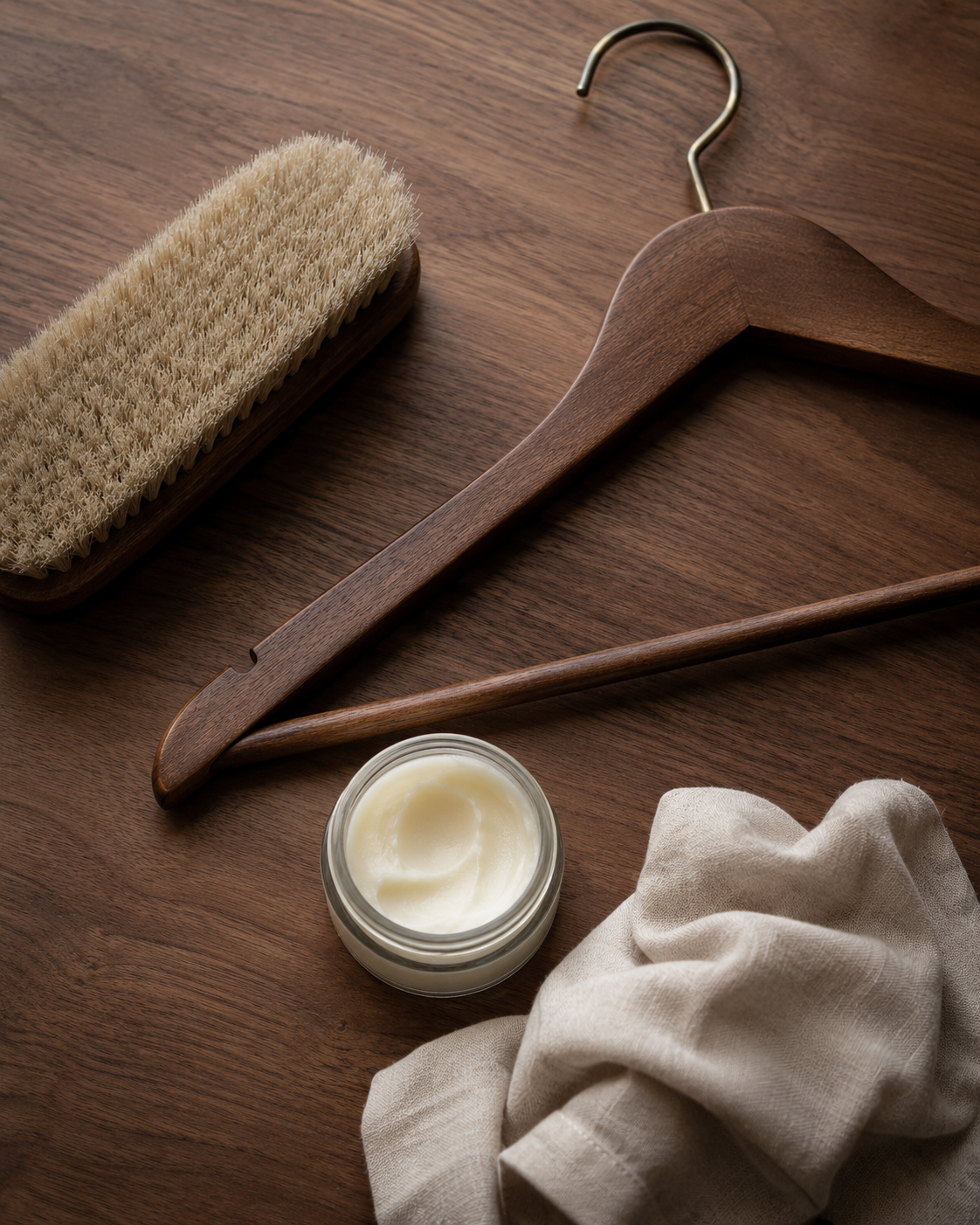 Overhead flat lay of leather care essentials including horsehair brush, conditioner, cotton cloth, and cedar hanger on walnut