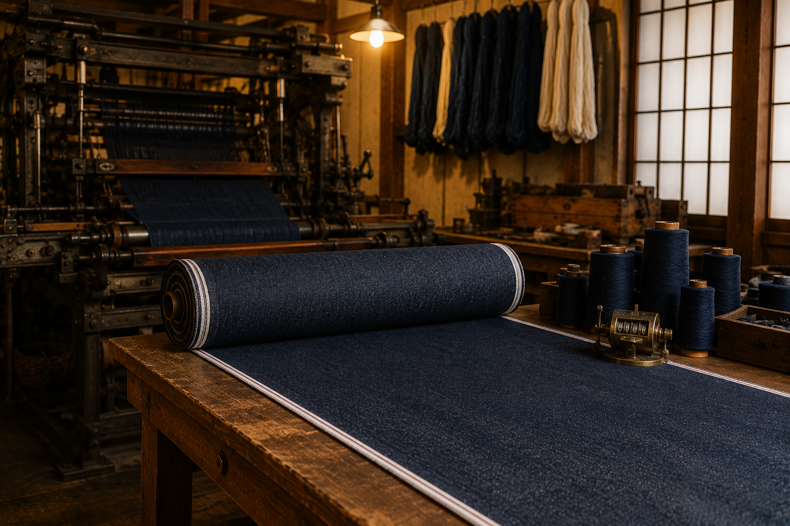 Okayama denim workshop with a long roll of indigo selvedge denim half-unspooled across a worn cutting table, shuttle looms blurred in the background