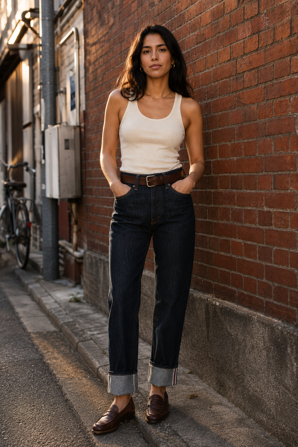 Latina woman in her late twenties standing against a brick wall in raw selvedge straight-leg jeans cuffed to show indigo selvedge ID and honeycomb fades behind the knee