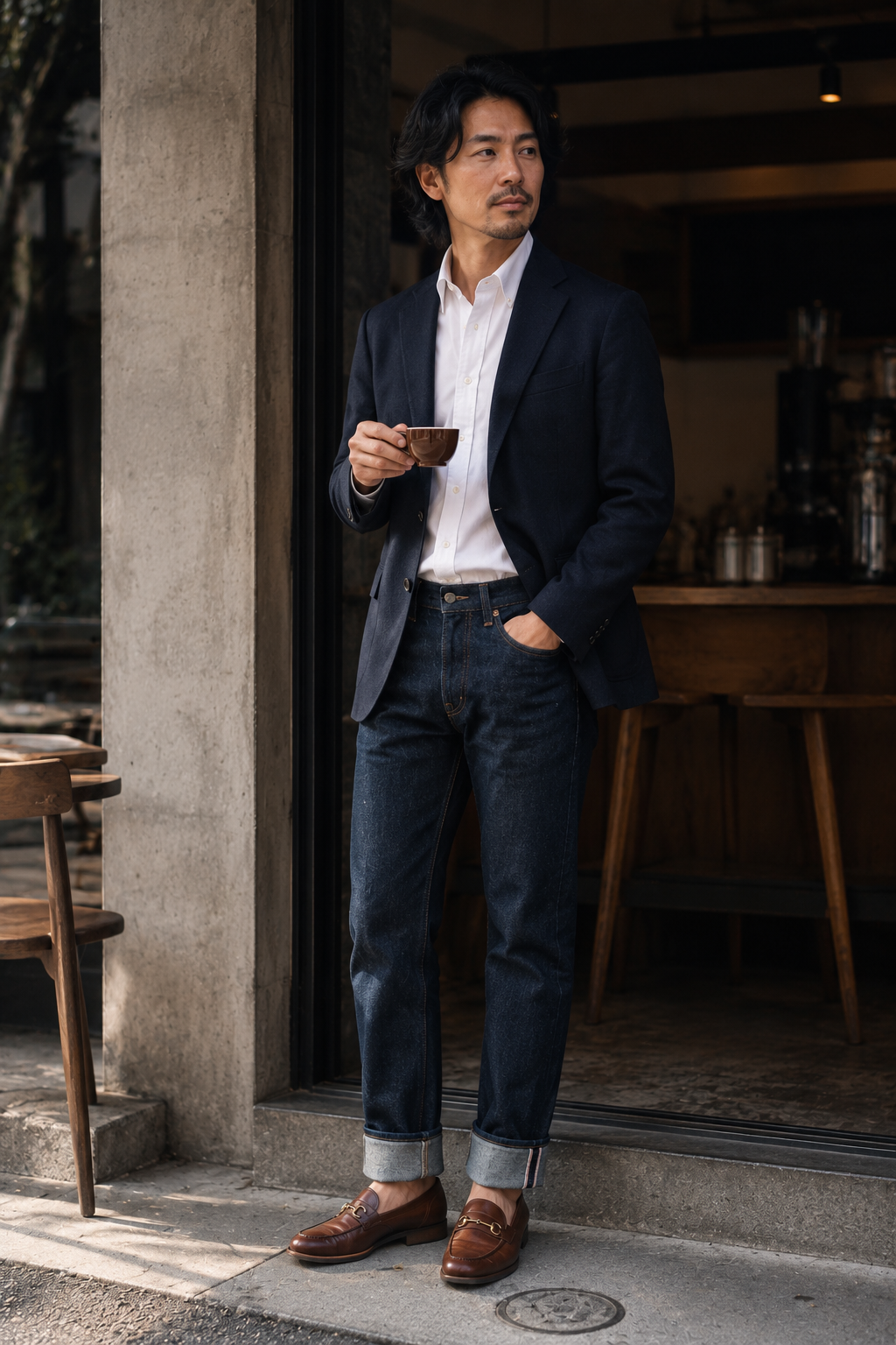 Japanese man in his thirties in a navy unstructured blazer over a white oxford and dark indigo selvedge straight-leg jeans, leaning on a glass-walled cafe counter