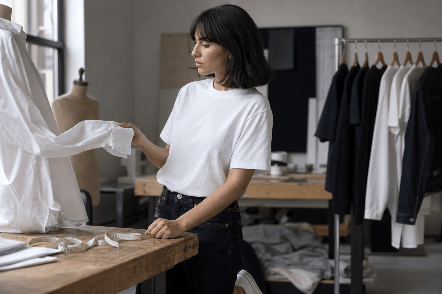 Tongan-American man with thick beard checking folded white tees on a wooden showroom display, in marled grey crewneck and selvedge