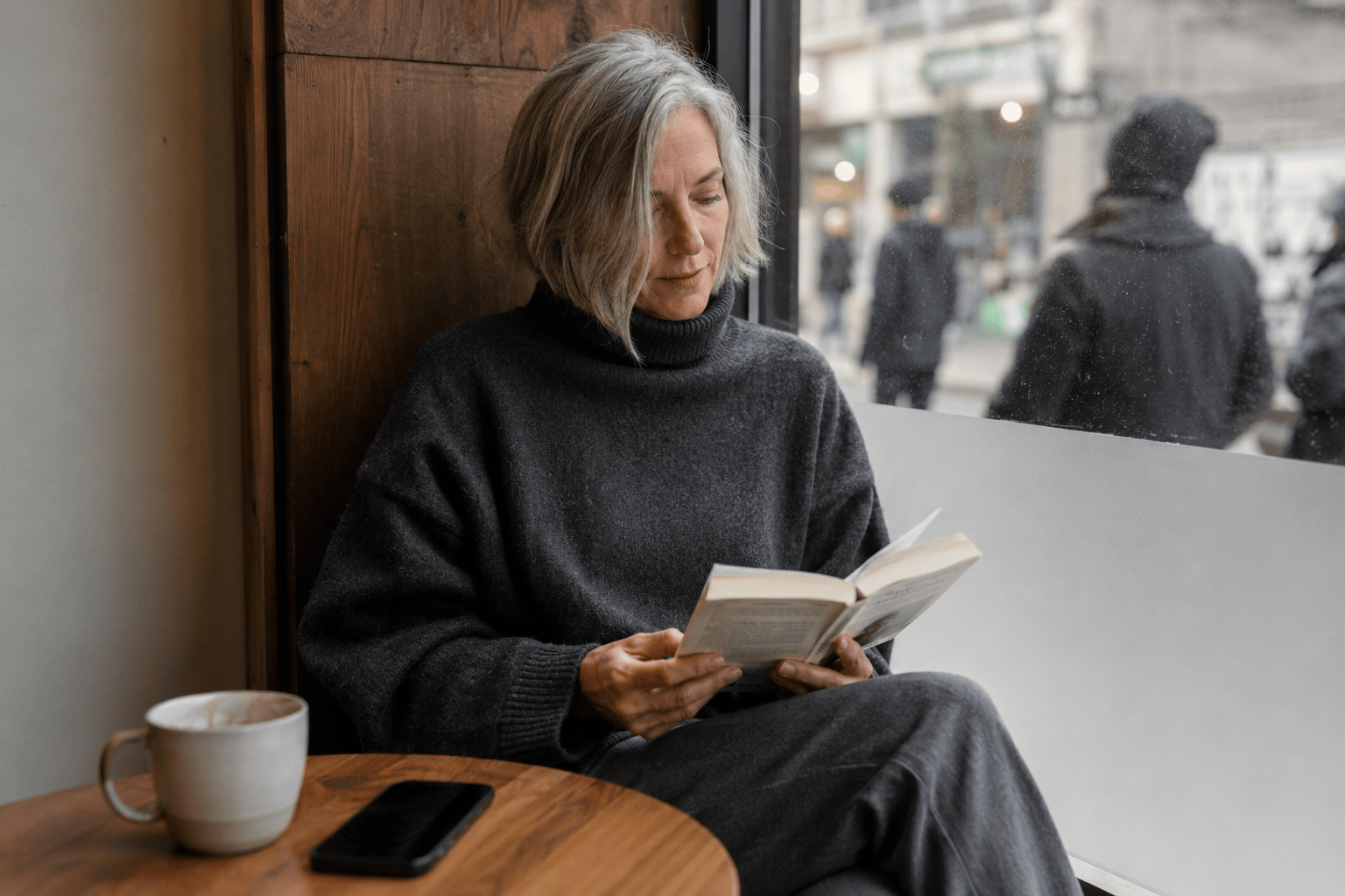 White woman with silver bob reading a paperback in a Toronto coffee shop in an oversized charcoal Acne-style wool turtleneck