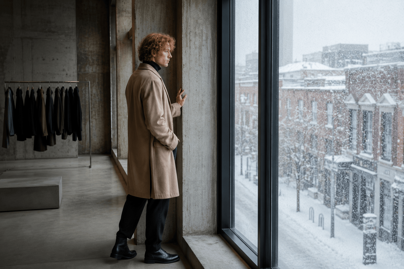Irish-Canadian man with red curls looking out a SSENSE Mile End showroom window at heavy snowfall, in a beige Acne-style overcoat