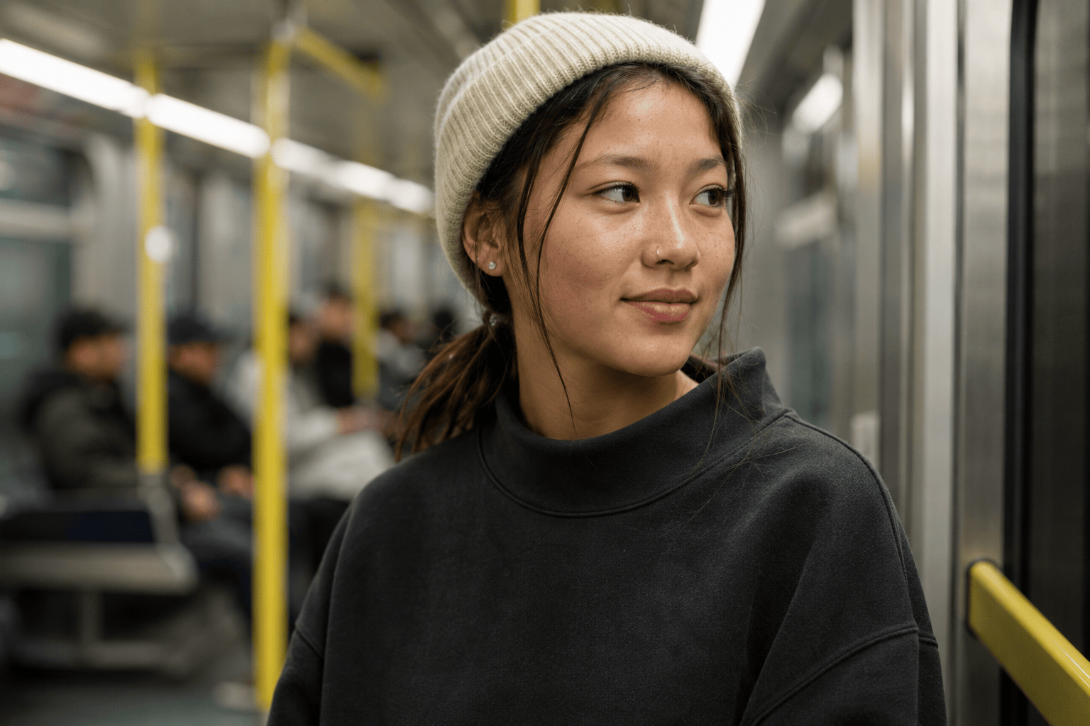 Indigenous Inuit teenage girl in a Toronto subway car wearing a charcoal oversized Acne-style cotton sweatshirt and cream beanie
