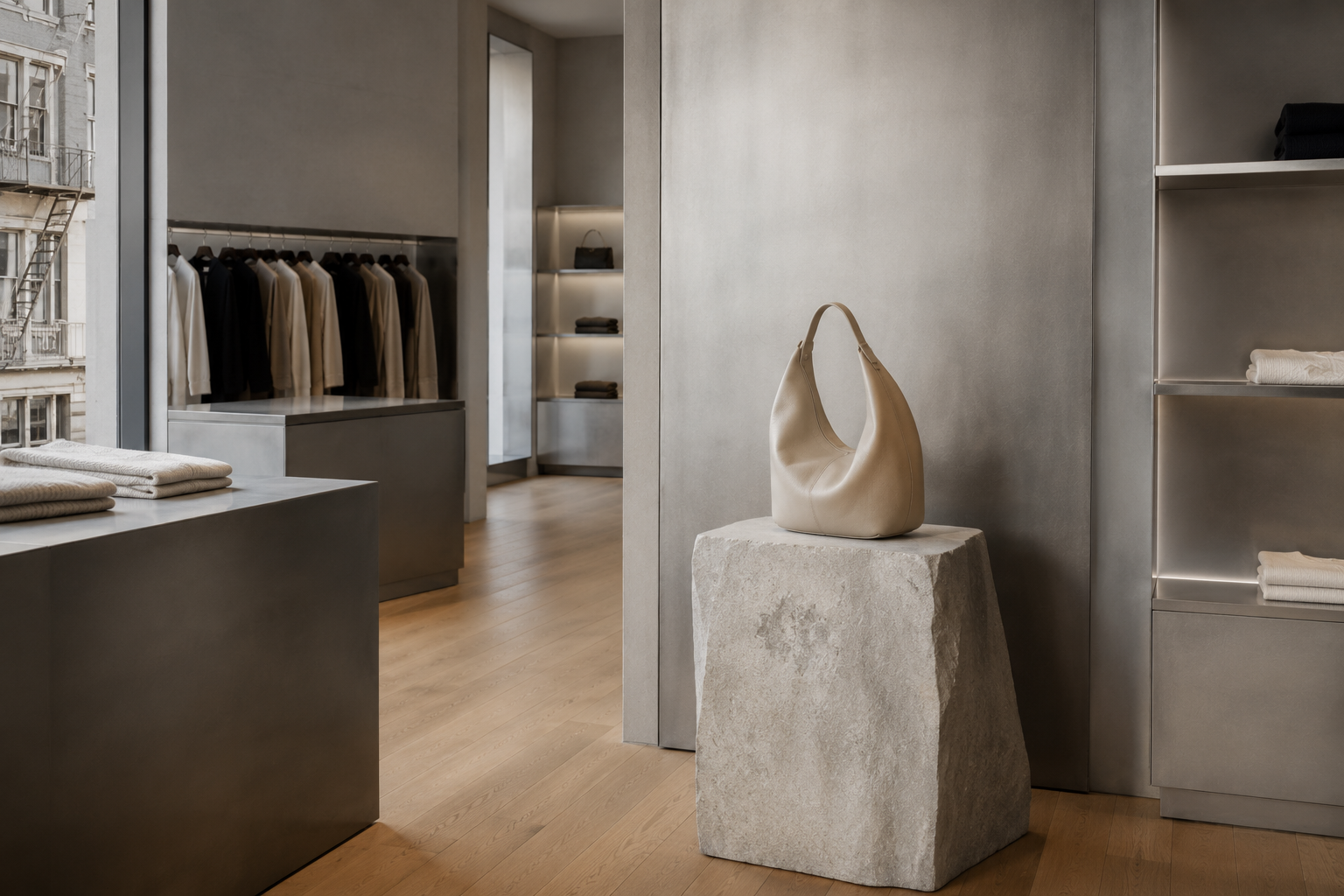 Minimalist luxury boutique interior with cast aluminum fixtures and a single leather handbag displayed on a stone plinth.