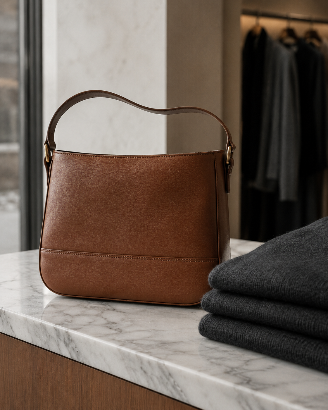 Structured brown leather shoulder bag on a marble counter beside neatly folded charcoal cashmere knitwear in natural light.