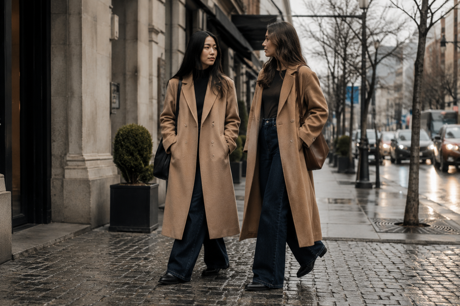 Two women in long camel coats and dark denim walking along a cobblestone Bloor Street sidewalk in Toronto on an overcast day.