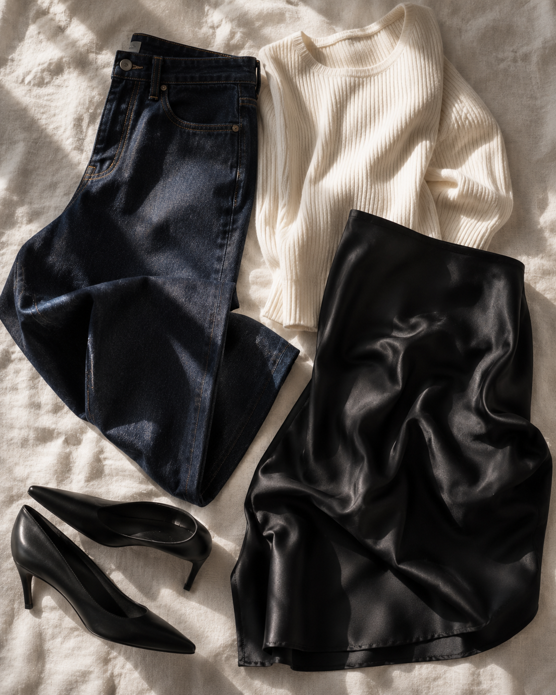 Editorial flat lay of indigo wide leg jeans, a black silk slip skirt, an ivory ribbed knit, and pointed black leather pumps on linen.