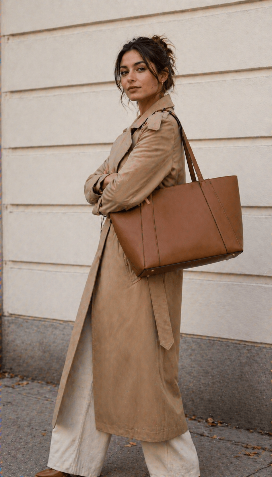 Mixed Indian-British woman in a charcoal wool coat at a rainy London zebra crossing holding a chocolate-brown calfskin structured tote at her side