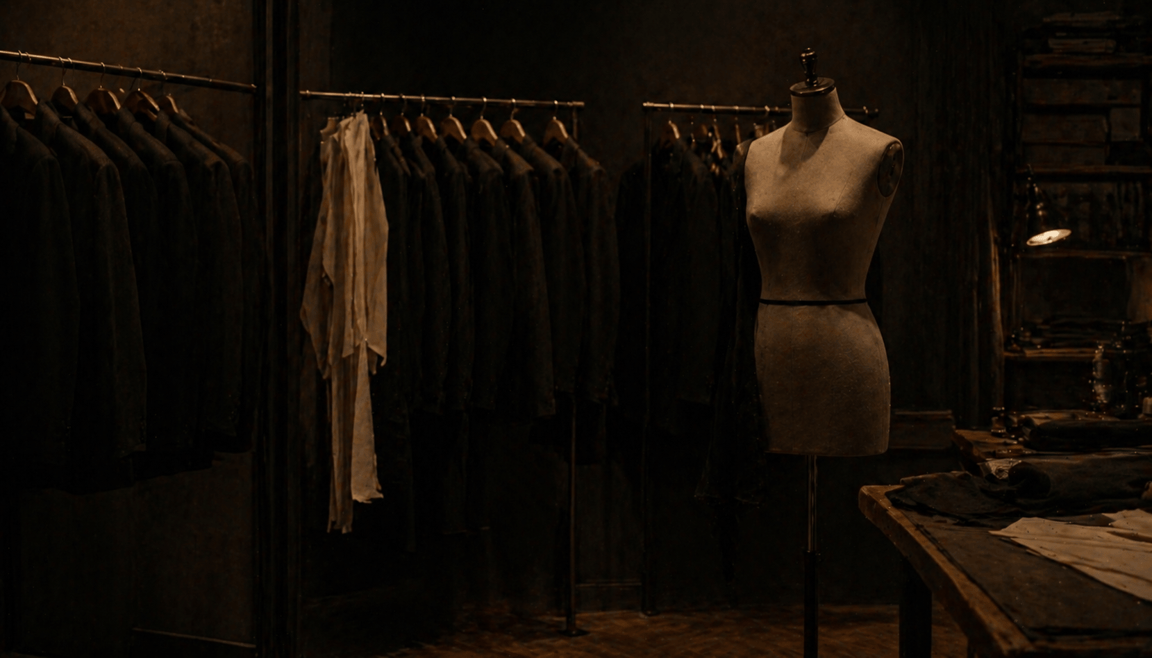 Wide shot of a dimly lit Tokyo archive showroom with a 1990s navy wool suit on a wooden form, original silk lining visible at the cuff, scraps and pattern cards along the back wall