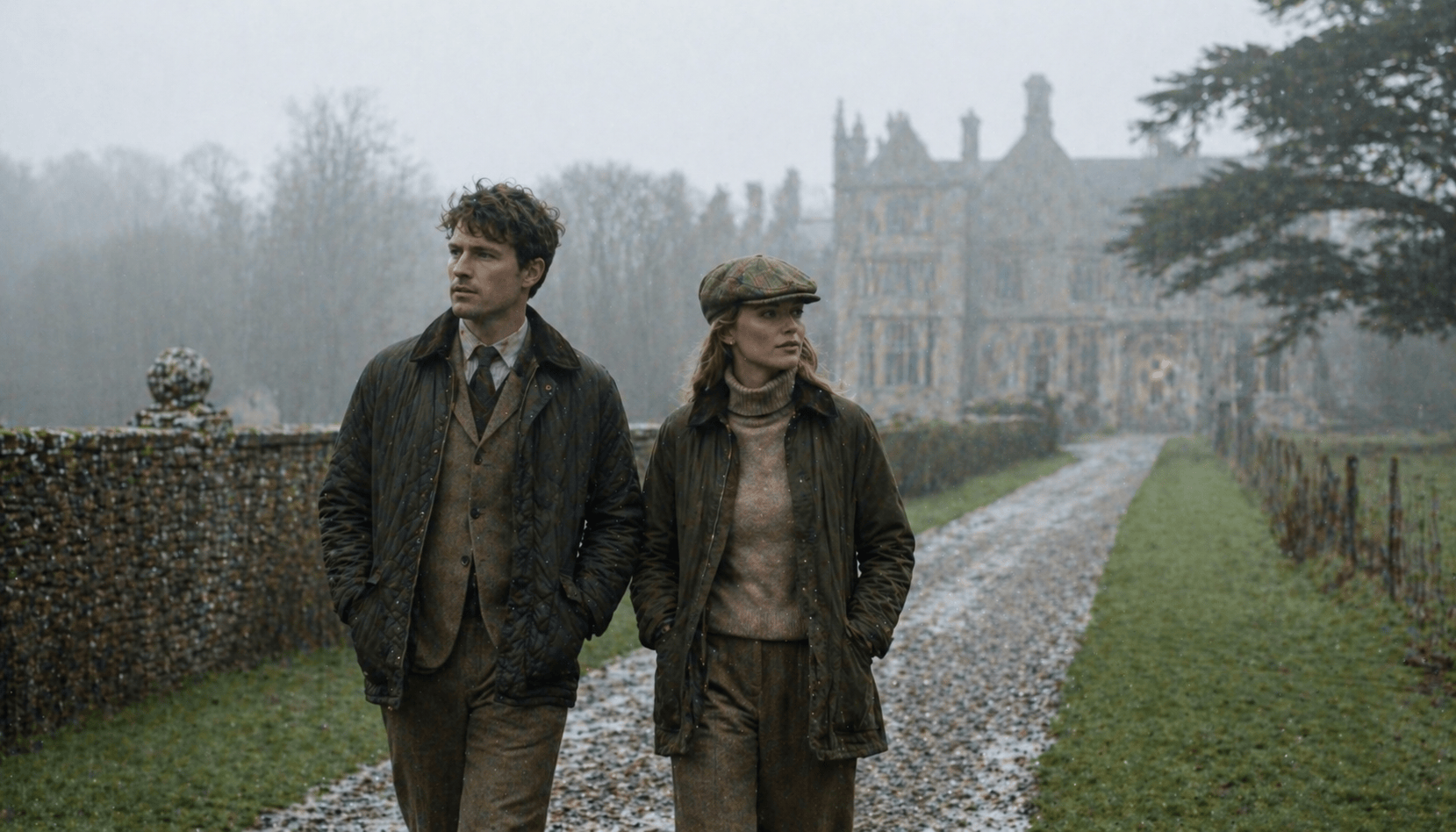 Wide shot of a stone-pillared country estate driveway at midday with a folded camel double-faced wool coat draped across the bonnet of a vintage sedan
