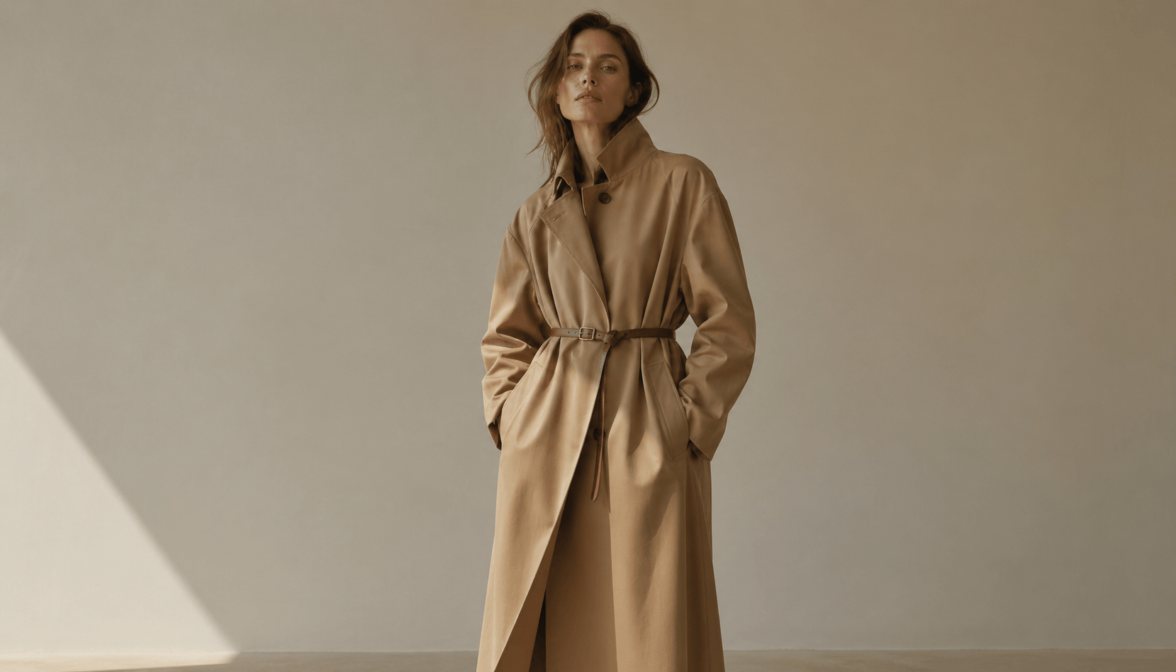 White woman in her early thirties under a Vancouver awning in a camel cotton-gabardine mid-calf trench, belt knotted at the waist, rain beading on the front placket