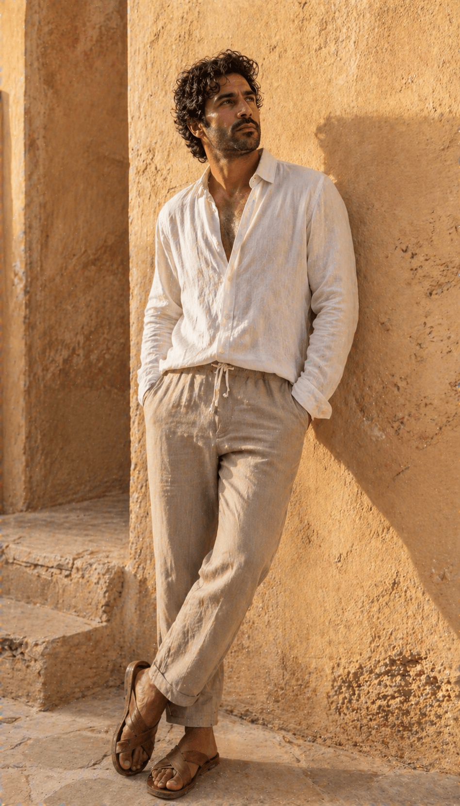 East Asian-Canadian man on a Granville Island dock in a stone unstructured linen blazer over a white tee, cream wide-leg cotton trousers, and brown loafers