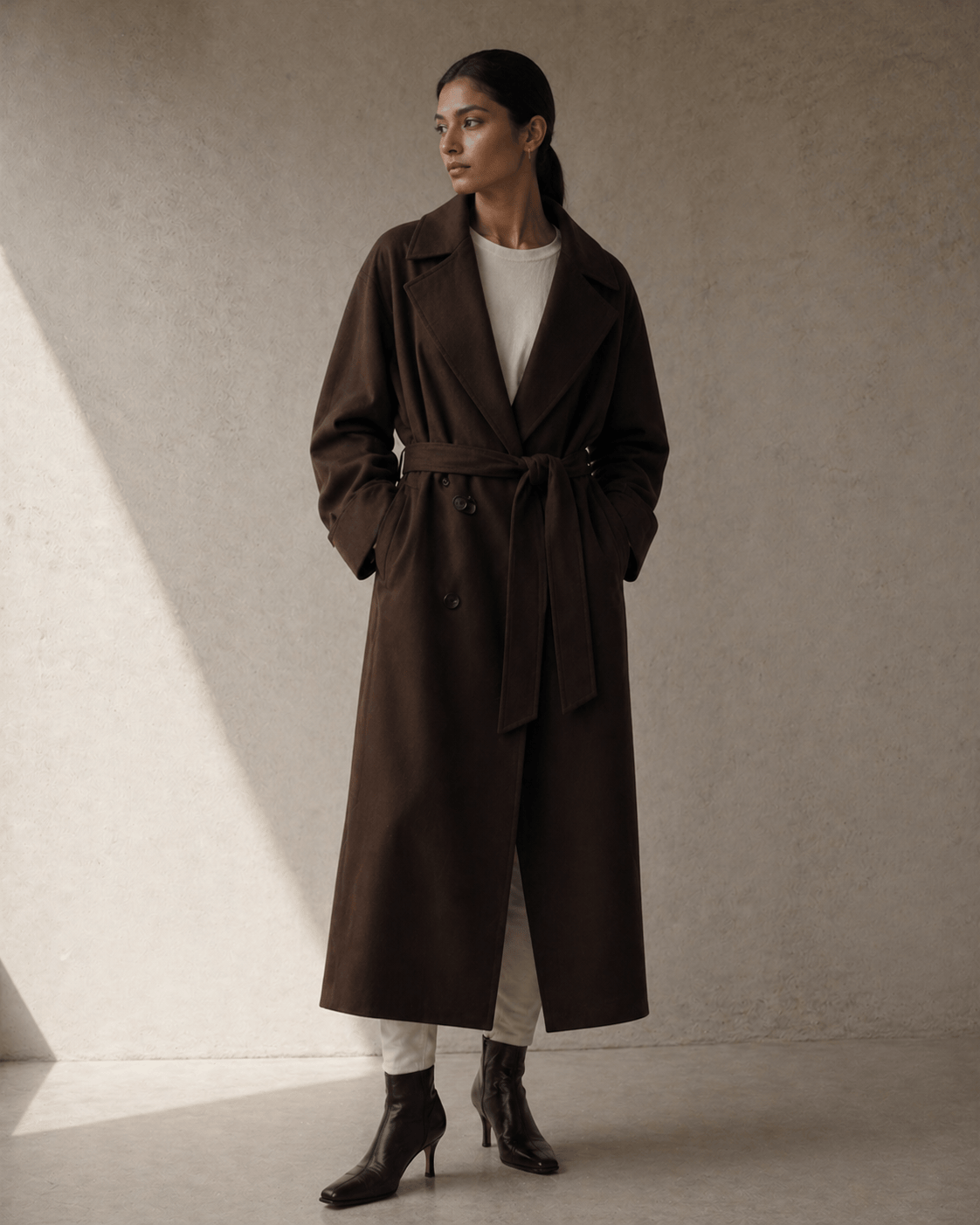 Editorial flat-lay of three trench coats on a slate floor, deep navy mid-calf single-breasted at left, charcoal technical-fabric in the centre, traditional camel double-breasted at right