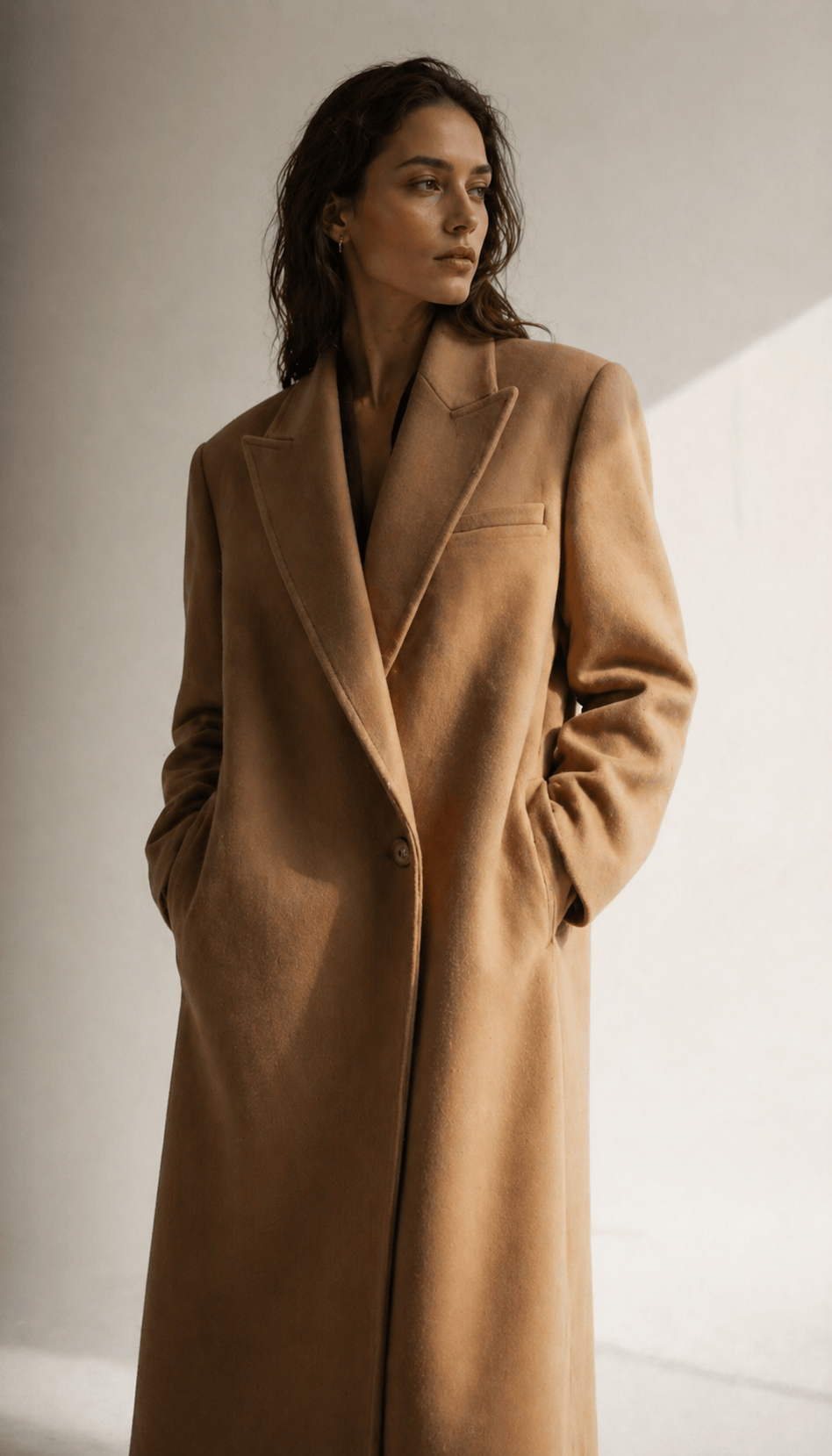 Quebecoise woman in her mid-thirties walking a Mile End sidewalk in an oversized camel wool coat over a cream merino crewneck, charcoal straight-leg trousers, and brown leather lace-ups