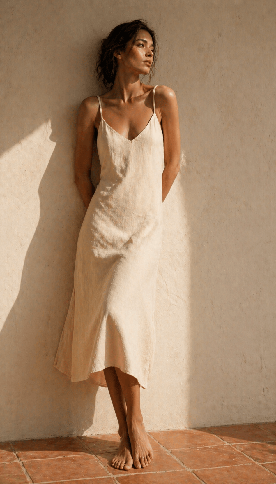 Iranian-Canadian woman on a Yaletown patio at golden hour in a bias-cut matte-silk slip dress in soft sage, thin straps, mid-calf hem catching the breeze