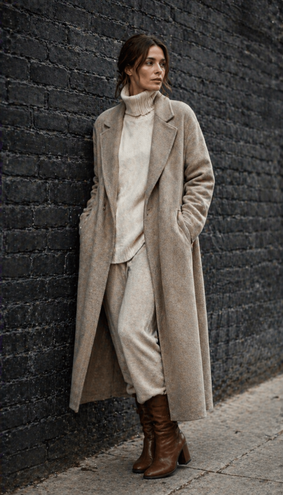 Lebanese-Canadian woman with low chignon outside a slate-grey Montreal townhouse in a camel double-breasted wool coat over a charcoal turtleneck and cream wide-leg trousers