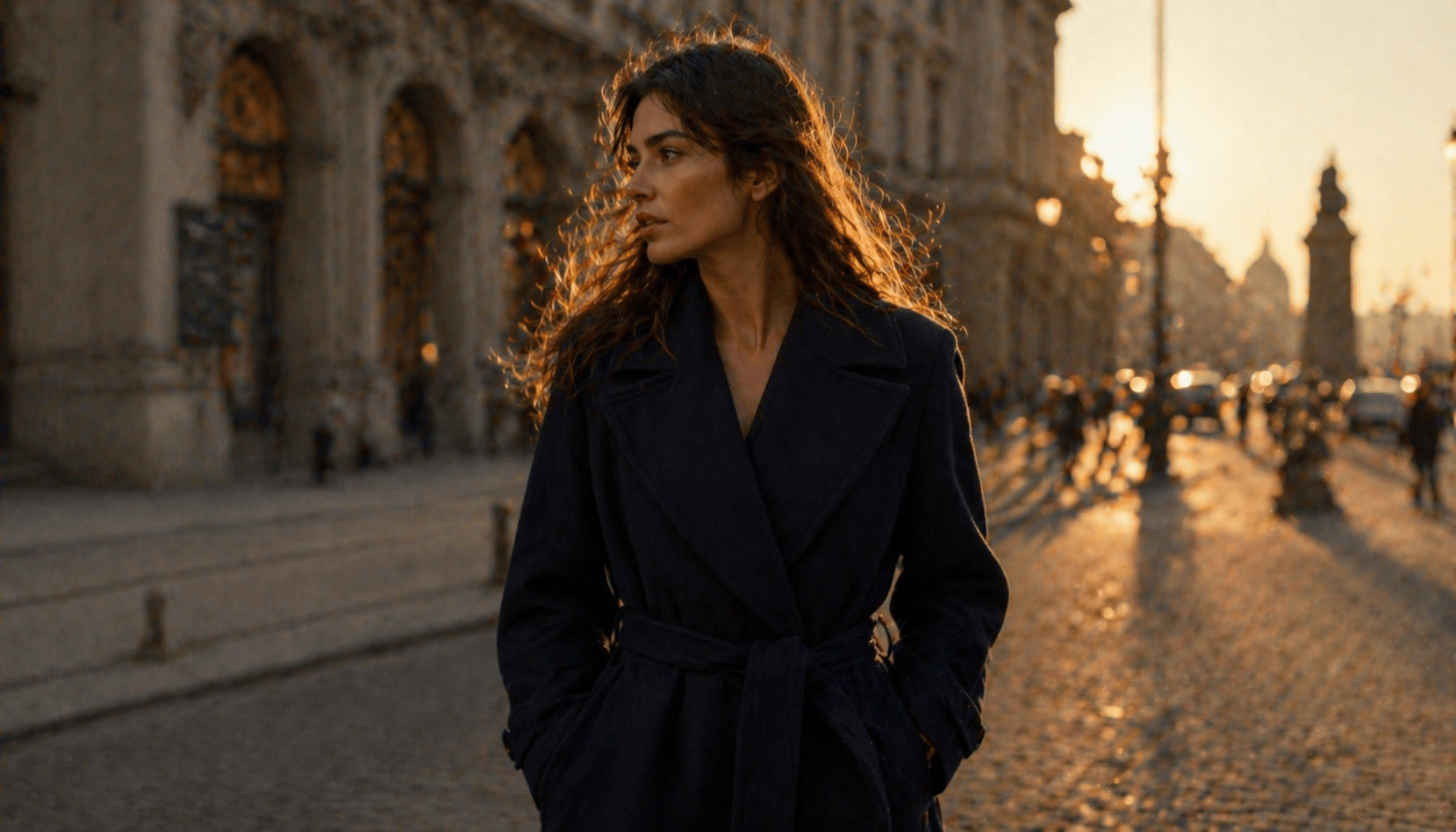 French-Canadian woman in her late twenties crossing a cobblestone Old Montreal street in a stone double-breasted trench coat over a cream merino crewneck and dark straight-leg trousers